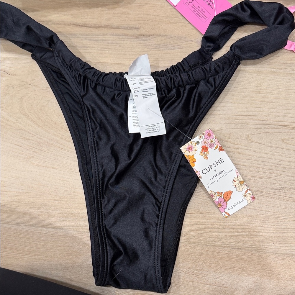 CUPSHE Black High-Leg Bikini Bottom with Knot Side Straps